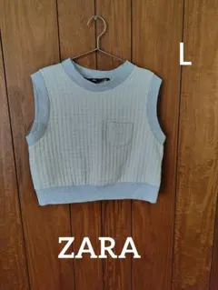 ZARA　ザラ　ベスト　トップス　クルーネックホワイト　グレー　ワッフル生地　Ｌ
