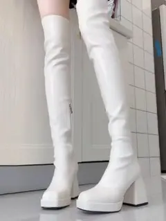 期間限定割引 ホワイト ニーハイブーツ ヒール8CM コスプレ 新品