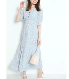 【未使用級】リランドチュール 花柄 パフスリーブ バックレースアップ ワンピース