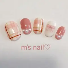 チェック♡リボン ネイルチップ