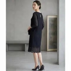 【美品】23区 総レース ワンピース 38 黒　七分袖 膝丈 日本製オンワード