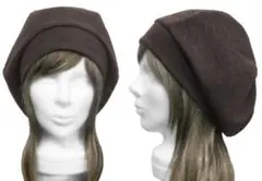 ハンドメイド◆リブ付ベレー帽(ゆったり)◆リブ織ウールニット／杢ダークブラウン