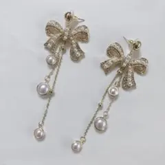 Magical species リボンデザイン パール付きドロップピアス