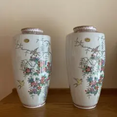 日本製 陶器 花瓶 花と鳥の絵柄 高さ約30cm 2個セット