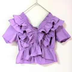 Dazy フリルブラウス パープル Vネック 半袖 XLシャーリング