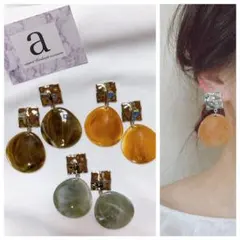 2281-1くすみオレンジ☺︎スクエア型デザインシルバーと雫型マーブルピアス☺︎