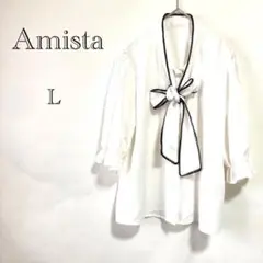 【Amista アミスタ】ボウタイフリルブラウス L リボン 五分袖 薄手 春夏