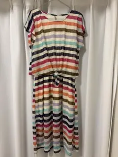 ストライプ柄ウエストリボン付きワンピース/美品