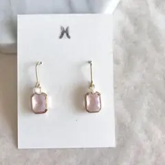 ☆No.607 スクエア半貴石×淡水パールピアス/ピンク ガラスストーン