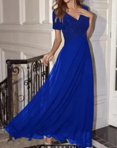 青　Vネック　フレアドレス　 S/M パーティードレス