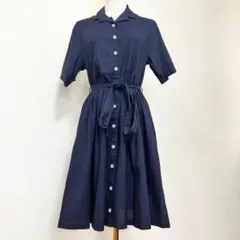 D396 美品 サニークラウズ シャツワンピース L 綿麻 半袖 濃紺 腰紐のサムネイル
