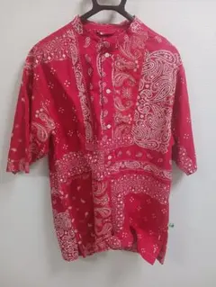 エレファントブランド 赤 白 バンダナ柄 ノーカラーシャツ L