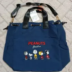 【新品】スヌーピーPEANUTS トートバッグ ナイロン刺繍巾着バッグ　ネイビー