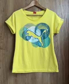 PUMA プーマ Tシャツ 半袖 イエロー ロゴプリント スポーツウェア　L
