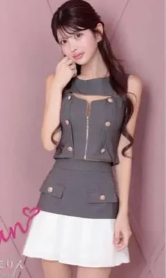 an バイカラーボタンデザイン フロントジッパープリーツセットアップミニドレス