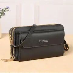 スマホショルダー 財布 黒 ブラック ポーチ ウォレット 斜めがけ PUレザー