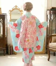 七五三に☆正絹 ミントグリーンに四季花々と毱 7歳着物、作り帯の 