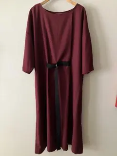 バーガンディ 七分袖 ロングワンピース ベルト付き