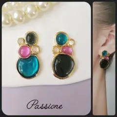 【一点物】ブラック×ピンク×グリーン マルチカラー ピアス/イヤリング