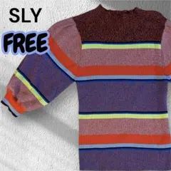 SLY スライ マルチボーダーパフスリーブトップス FREE