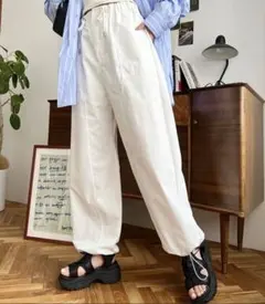 ホワイト ワークパンツ Lサイズ　ドローコード付き