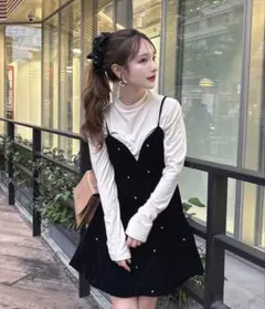 ビジューベロアキャミソールミニワンピース×ボトルネックトップス　GRL