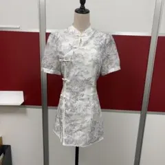 チャイナドレス 花柄 ホワイト グレー 半袖 膝丈