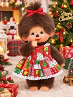 モンチッチMサイズ着せ替え服 クリスマス柄ワンピース ハンドメイド