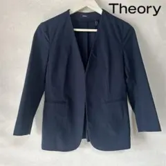 美品 セオリー ノーカラージャケット LINDRAYIA ネイビー M コットン