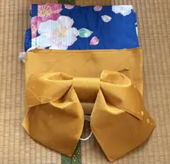 浴衣・帯セット 青とピンク花柄 金色