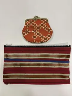 ポーチとがま口セット　紬縞柄　ファスナー付き　帯生地小銭入れ
