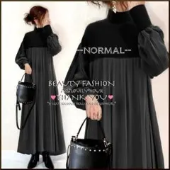 【～3L4L相当】ハイネック異素材プリーツロングワンピース*黒