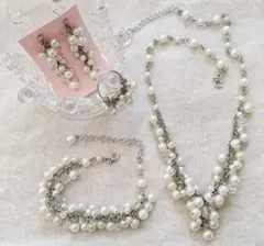 パール系アクセ4点セットネックレスブレスレットピアスリング 結婚式二次会謝恩会