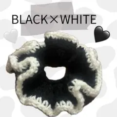 韓国風 モノトーン編みシュシュ ブラック×ホワイト フリル ハンドメイド