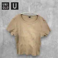 【UNIQLO】Tシャツ 半袖 リブ カーキ Sサイズ ラウンドネック ミニ