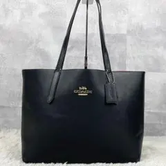 美品 コーチ レザー トートバッグ アベニュー ロゴ金具 チャーム ブラック