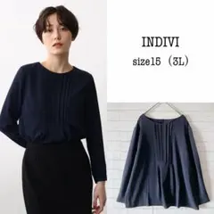 美品✨INDIVI ピンタックデザインブラウス（3L）紺 洗える/UV/吸水速乾のサムネイル