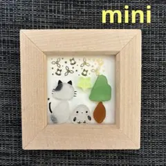 シーグラスアート 猫とシマエナガ とクリスマスツリー ミニフレーム