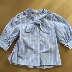 美品⭐︎Petit main●水色ストライプリボンブラウス●バンドカラー●ボウタイ