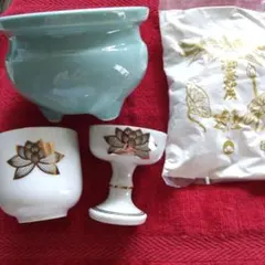 仏具セット 青い香炉 蓮の花ご紋 陶器製 香炉灰セット