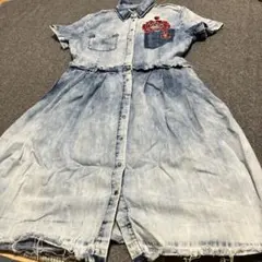 デニムブルー 花柄刺繍 シャツワンピース 半袖