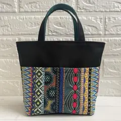 トートバッグ　外ポケット　小さめ(アフリカン柄　黒) ハンドメイド