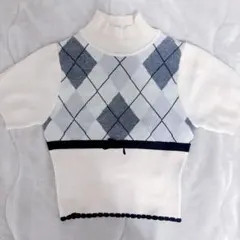 アーガイルパターン 半袖ニット XSサイズ スナ系 参戦服
