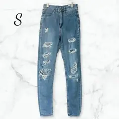 エイチアンドエム スキニーデニム S ダメージ加工 ハイウエスト ブルー