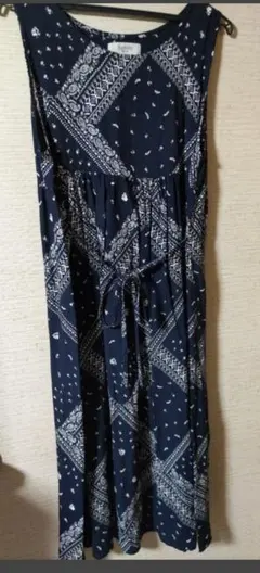 しまむら　晴れ色　ノースリーブ　レーヨン　ロングワンピース　ネイビー系　Ｌサイズ