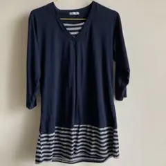 ネイビー Vネック チュニック 七分袖 重ね着風 サイズM