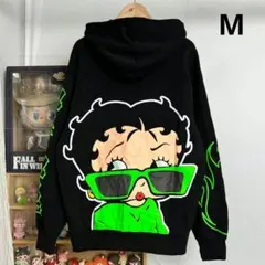 ベティ ブープ ジップアップ パーカー フーディ 両面プリント ブラック M