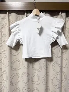 ZARA ハイネック フリル付きリブトップス Tシャツ クロップド丈 半袖 白