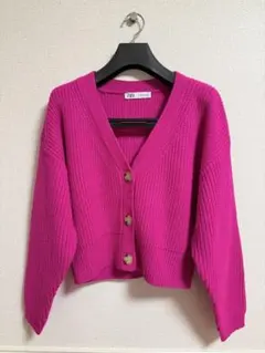 ZARA ニット カーディガン ピンク クロップド丈 M