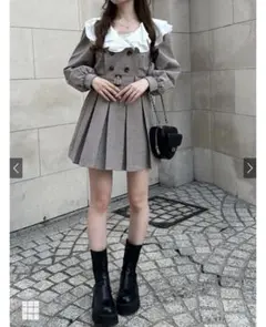 ベルト付きチェック柄フリルカラープリーツミニワンピース ブラウン